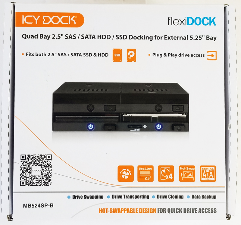 ICY DOCK 4 Bay 2.5 SATA/SAS SSD/HDD Hot-Swap Tool-Less Docking Enclosure  for 5.25 Bay | flexiDOCK MB014SP-B