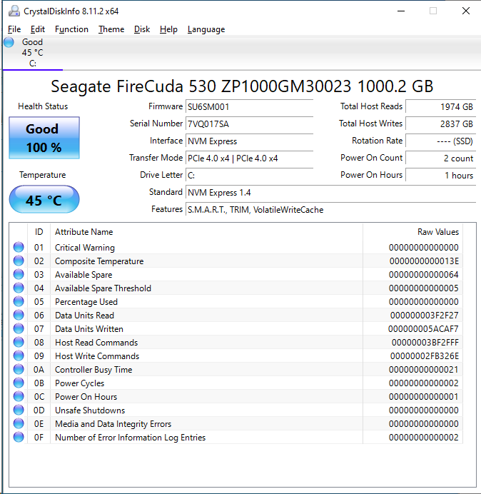 Seagate Firecuda 530 1TB CrytalDiskInfo - ServeTheHome