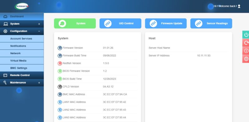 Supermicro A3SSV 16C SPLN10F IPMI Dashboard