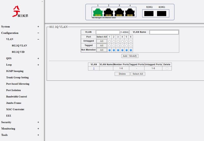 XikeStor SKS3200M 4GPY2XF VLAN Config