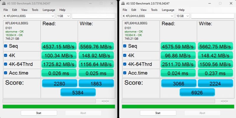 Kioxia FL6 800GB AS SSD 1GB And 10GB