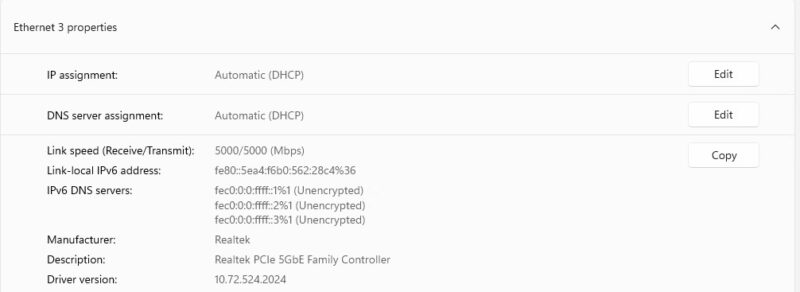 Realtek PCIe 5GbE Family Controller Installed Windows 11 5Gbps Link