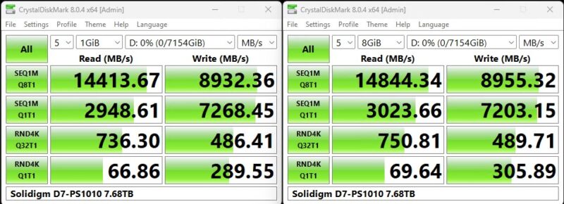 Solidigm D7 PS1010 7.68TB CrystalDiskMark 1GB And 8GB