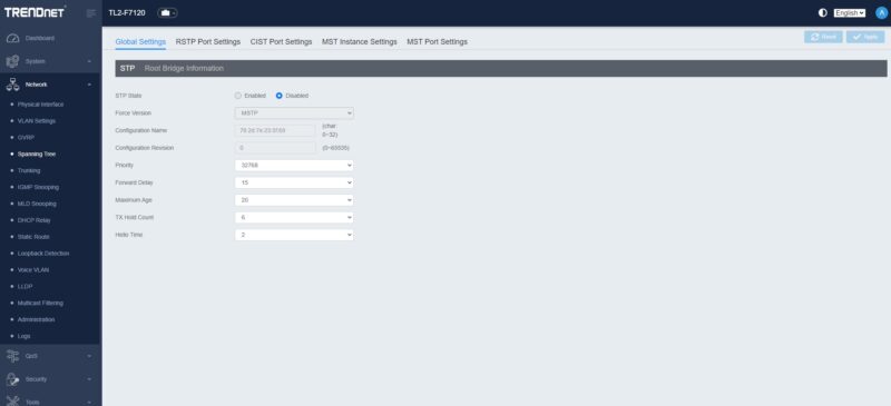 TRENDnet TL F7120 Web Management STP