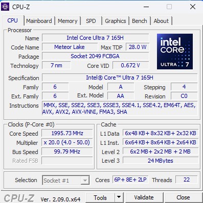 Intel Core Ultra 7 165H CPU Z