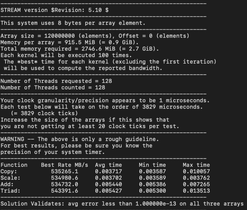 Intel Xeon 6980P Stream Benchmark 128 Cores