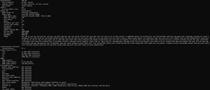 Output Lscpu Intel Xeon 6980P SMT pada 1 Node NUMA per CPU