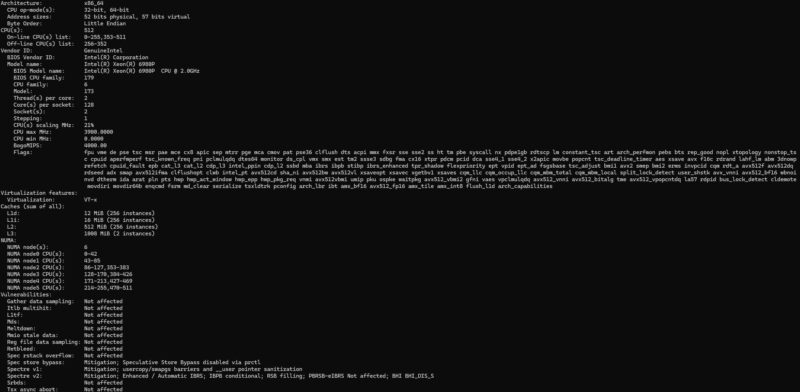 Output Lscpu Intel Xeon 6980P SMT pada 3 Node NUMA