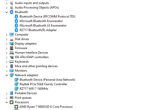 ASRock X870E Taichi Device Manager With AMD Ryzen 7 9800X3D Realtek 5GbE RSZ717 WiFi 7