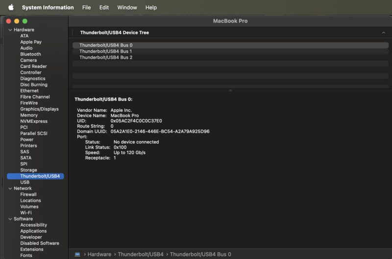 Apple MacOS Thunderbolt Bus 0 Nothing Connected
