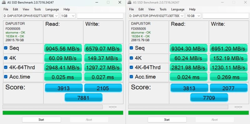 DapuStor H5100 30.72TB AS SSD 1GB 10GB Benchmark