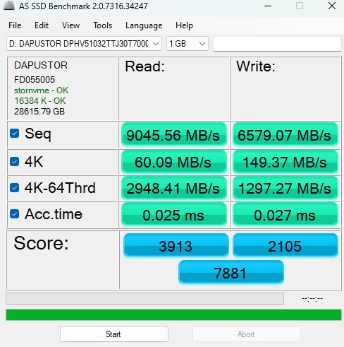 DapuStor H5100 30.72TB AS SSD 1GB Benchmark