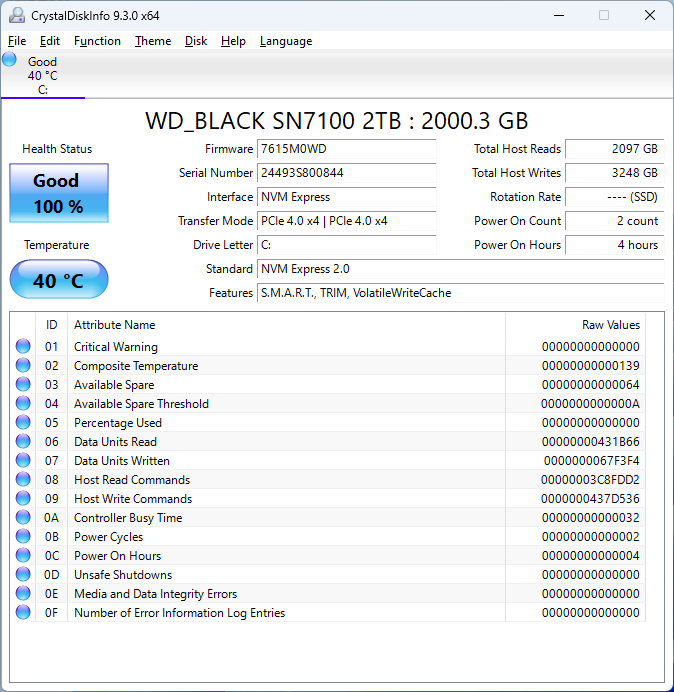 WD SN7100 2TB CrystalDiskInfo