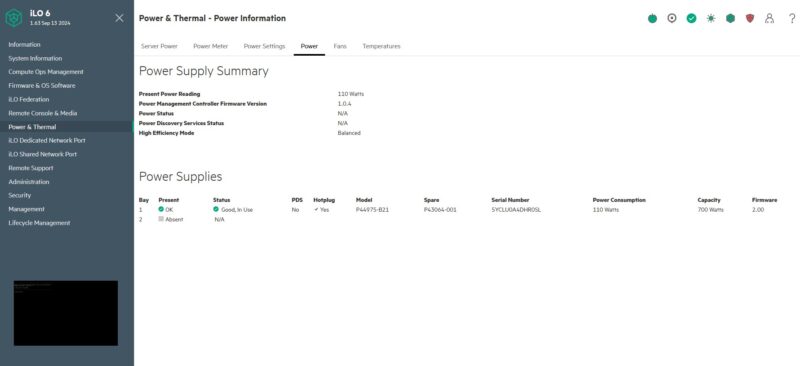 HPE DL145 Gen11 ILO 6 Power Idle 110W